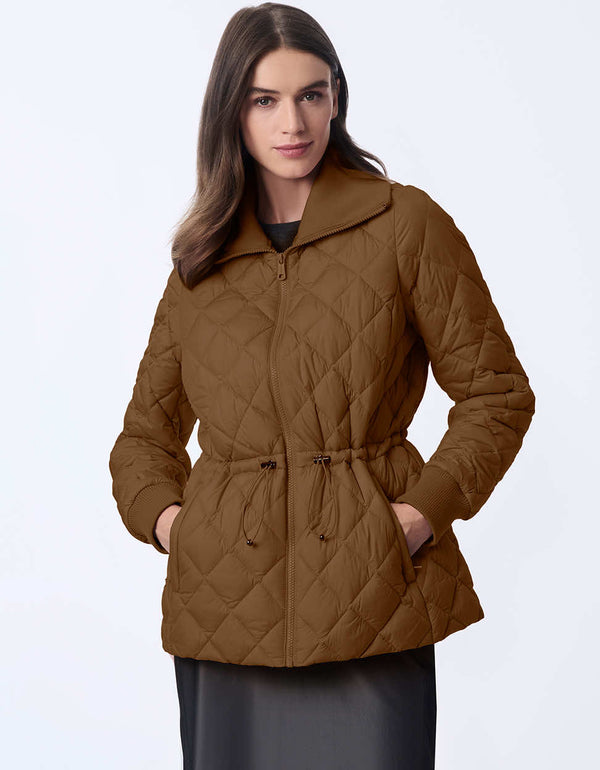 Women's quilted jacket with classic fit, hip-length design, and drawstring waist. Cinched wait for a chic silhouette