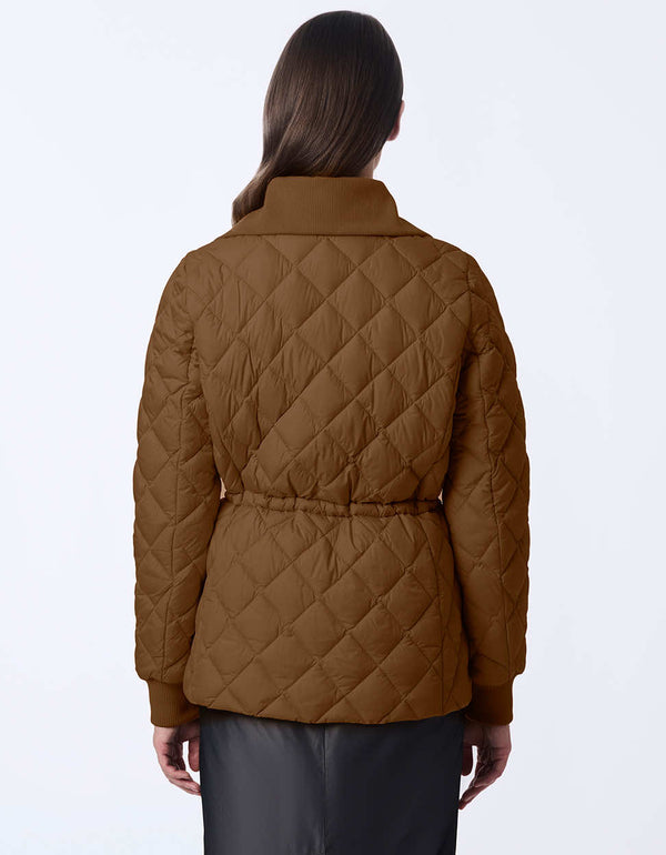 Women's quilted jacket with classic fit, hip-length design, and drawstring waist. Cinched wait for a chic silhouette