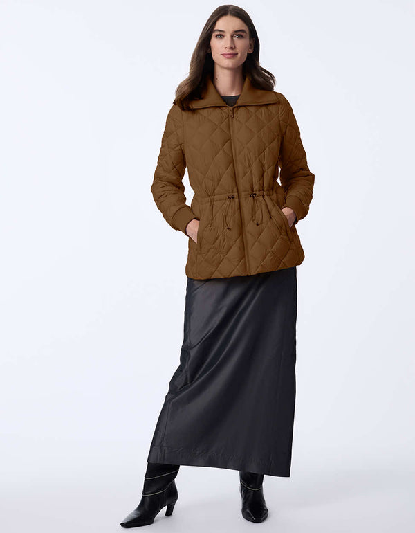 Women's quilted jacket with classic fit, hip-length design, and drawstring waist. Cinched wait for a chic silhouette