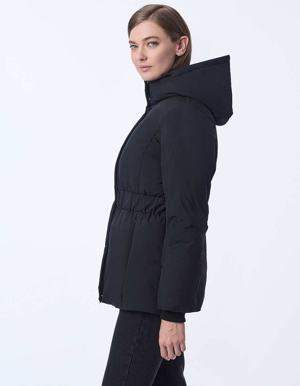 Women's hip-length puffer coat with a cinched waist and hood.