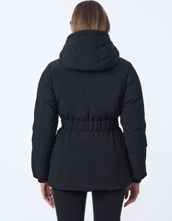 Women's hip-length puffer coat with a cinched waist and hood.