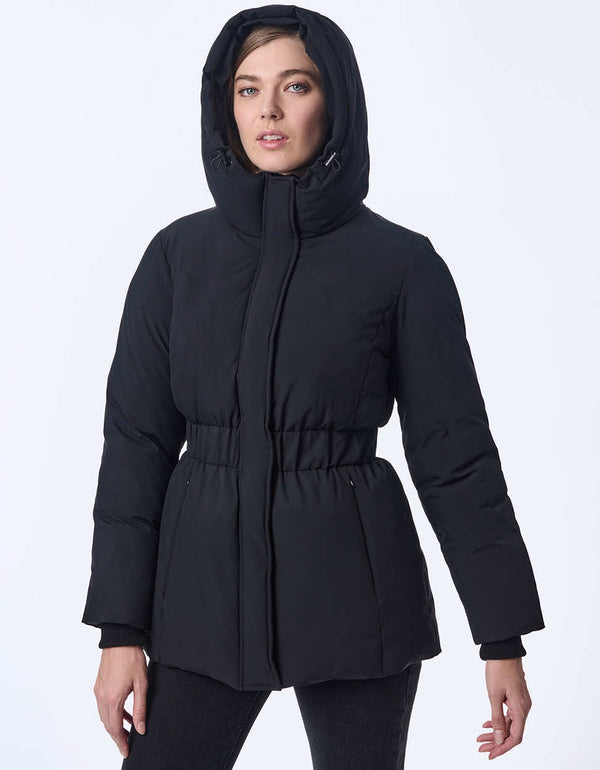 Women's hip-length puffer coat with a cinched waist and hood.