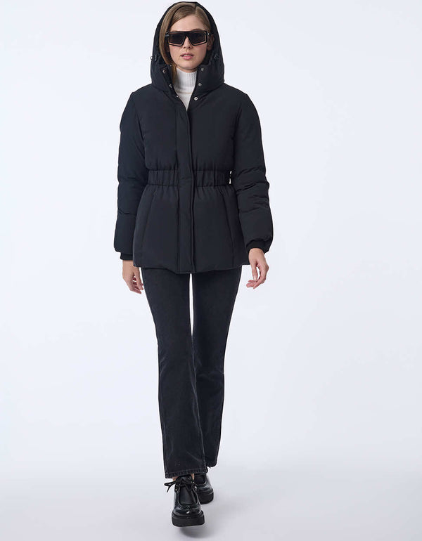 Women's hip-length puffer coat with a cinched waist and hood.