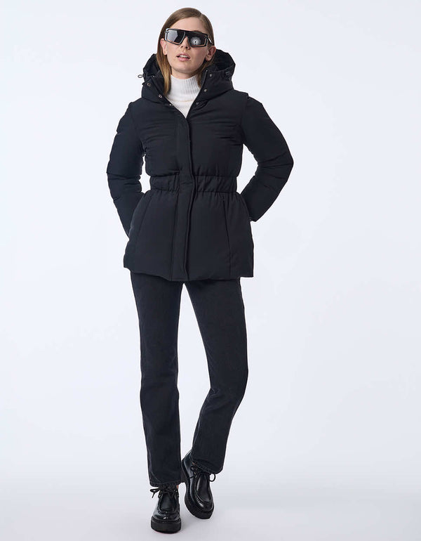 Women's hip-length puffer coat with a cinched waist and hood.