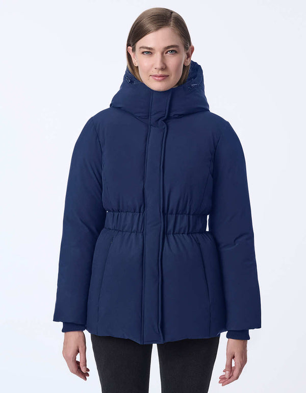 Women's hip-length puffer coat with a cinched waist and hood.