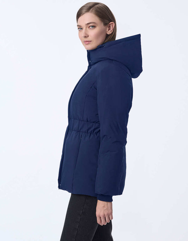 Women's hip-length puffer coat with a cinched waist and hood.