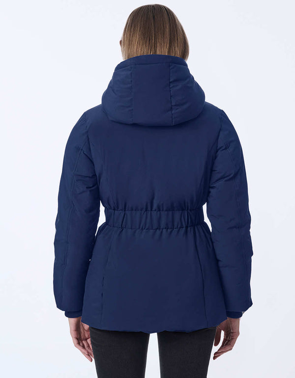 Women's hip-length puffer coat with a cinched waist and hood.