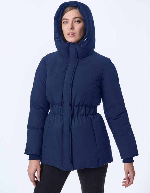 Women's hip-length puffer coat with a cinched waist and hood.