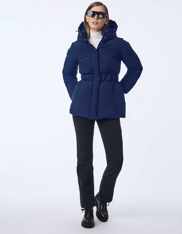 Women's hip-length puffer coat with a cinched waist and hood.