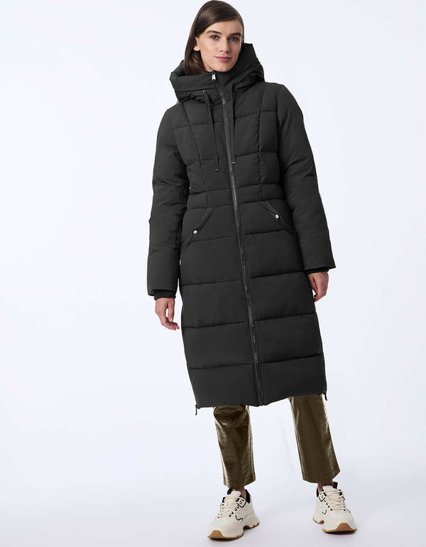 sleek black puffer coat with tailored cuffs and a drawstring hood offering warmth and style for the season