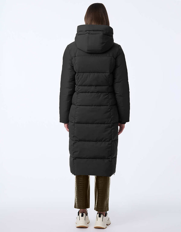 women's long puffer coat for extra warmth. A calf-length design and sustainable insulation for an eco-consious coat option.