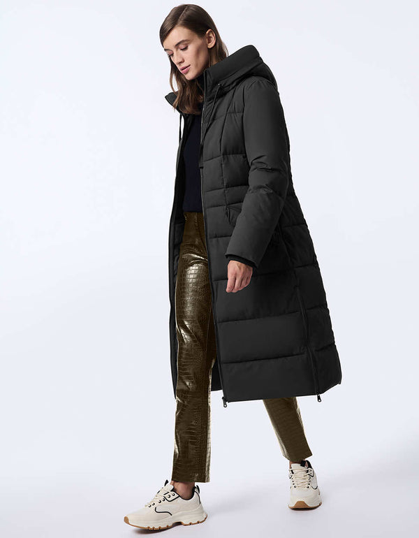 versatile black puffer coat with a sophisticated calf length cut and cozy drawstring hood perfect for cold weather