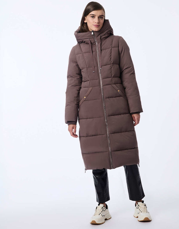 women's long puffer coat for extra warmth. A calf-length design and sustainable insulation for an eco-consious coat option.