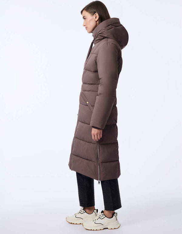 dark oak puffer coat with snug cuffs and a relaxed hood offering a polished yet approachable winter staple