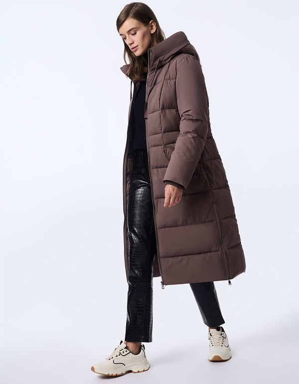 dark oak winter coat inspired by natural tones featuring a flowing length and soft accents for effortless coziness