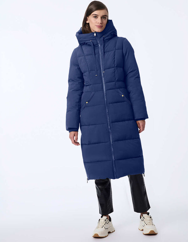 navy hooded puffer coat with a tailored look and extended coverage perfect for chilly commutes or casual winter outings