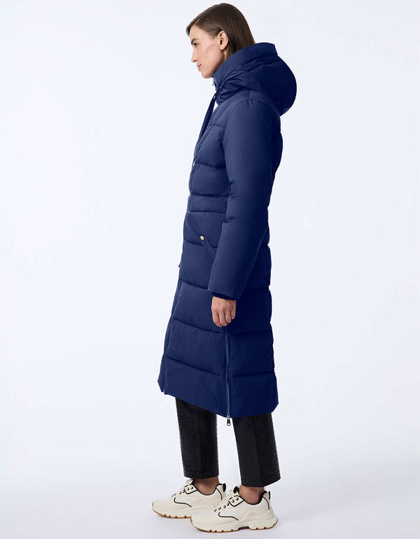 navy lightweight coat featuring eco friendly filling and a modern fit balancing practicality and understated elegance