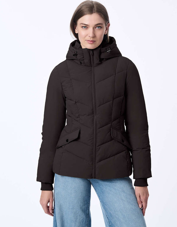 casual womens black puffer jacket with water resistant finish ideal for outdoor activities and chilly weather