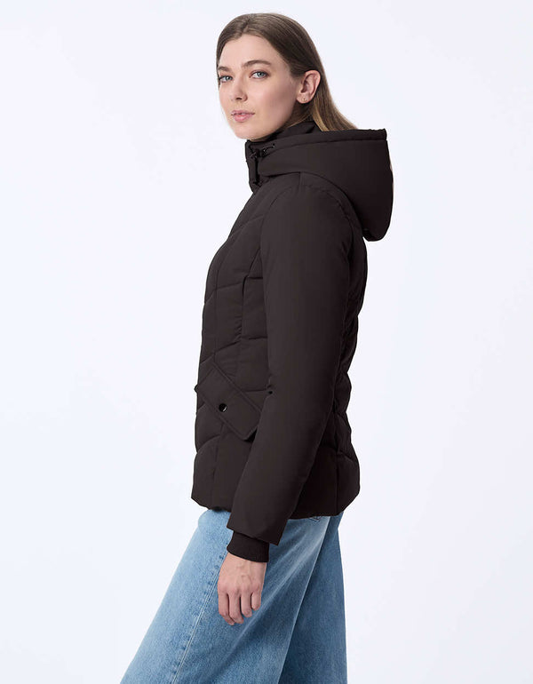 stylish womens black puffer jacket made from sustainable materials perfect for winter and rainy season looks