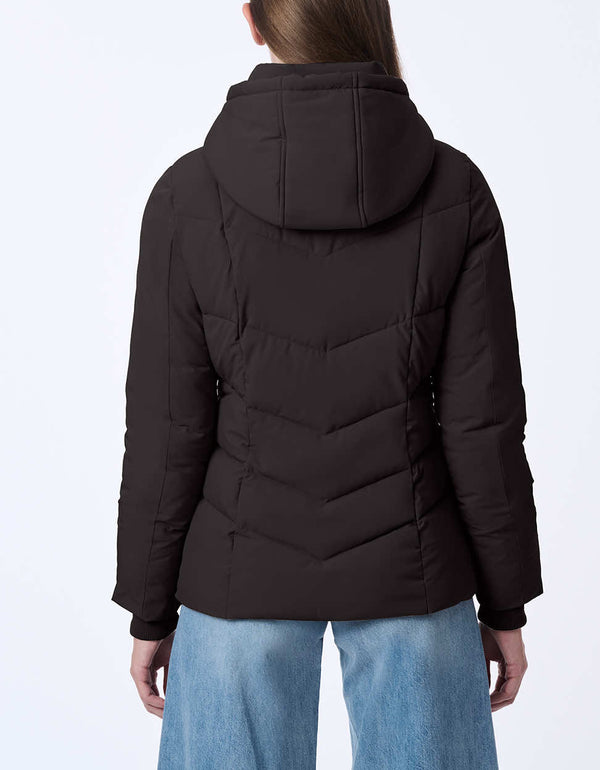 womens sustainable Hip-length Horizon Hooded Puffer Jacket with sleek design and recycled Ecoplume™ insulation