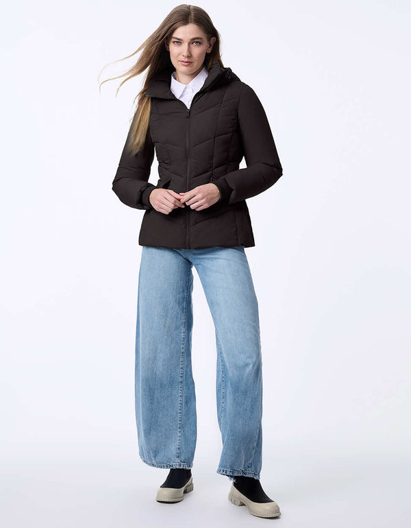 womens sustainable Hip-length Horizon Hooded Puffer Jacket with sleek design and recycled Ecoplume™ insulation