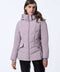 womens sustainable hip length horizon hooded puffer jacket with sleek design and recycled ecoplume insulation