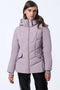 womens sustainable hip length horizon hooded puffer jacket with sleek design and recycled ecoplume insulation