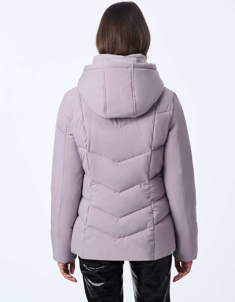 womens sustainable hip length horizon hooded puffer jacket with sleek design and recycled ecoplume insulation