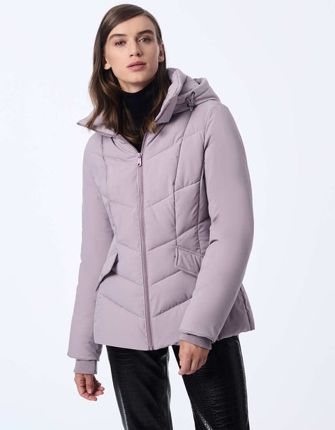 womens sustainable hip length horizon hooded puffer jacket with sleek design and recycled ecoplume insulation
