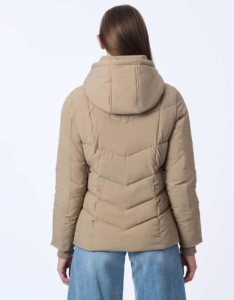 womens sustainable hip length horizon hooded puffer jacket with sleek design and recycled ecoplume insulation
