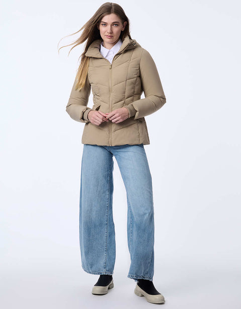 womens sustainable hip length horizon hooded puffer jacket with sleek design and recycled ecoplume insulation