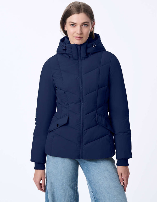 womens sustainable hip length horizon hooded puffer jacket with sleek design and recycled ecoplume insulation