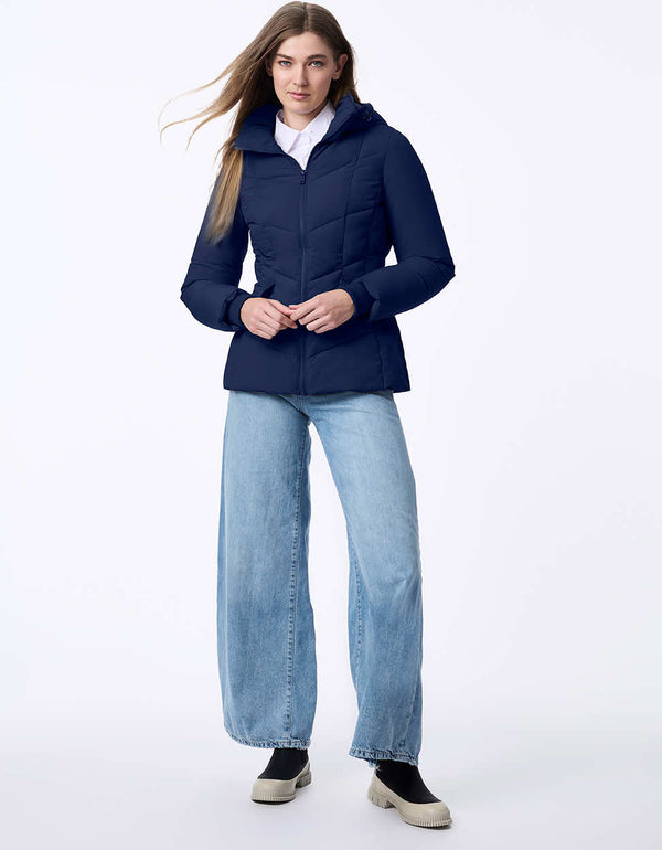 water resistant womens puffer jacket in blue with semi fitted silhouette and a hip length design