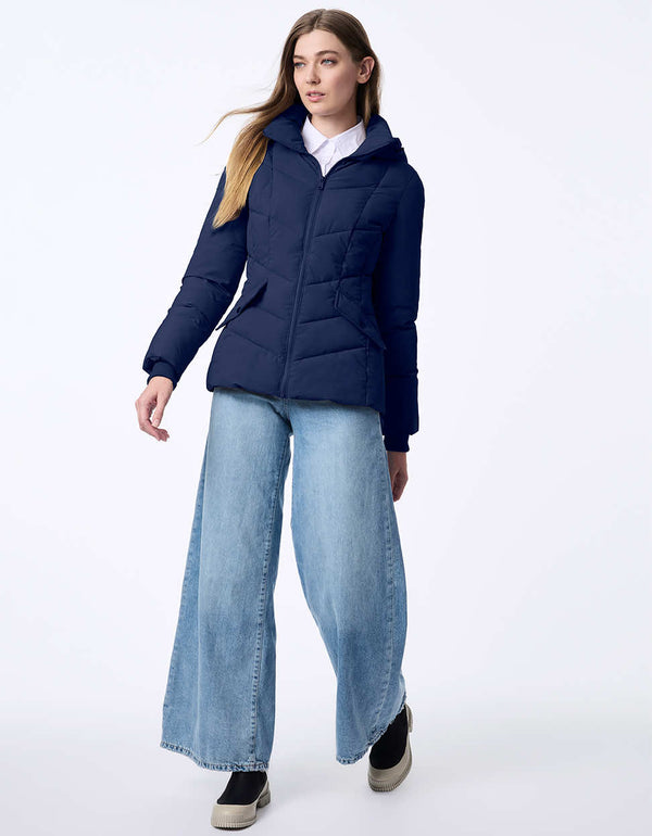 blue puffer jacket for women that is cozy and lightly insulated perfect for chilly weather commutes