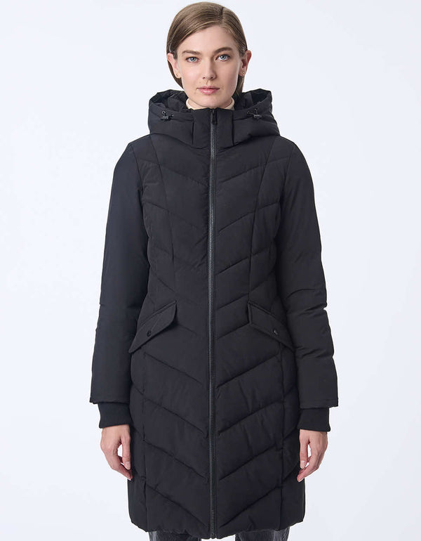 black knee length puffer coat featuring a semi fitted shape with adjustable hood and cozy design for cold weather