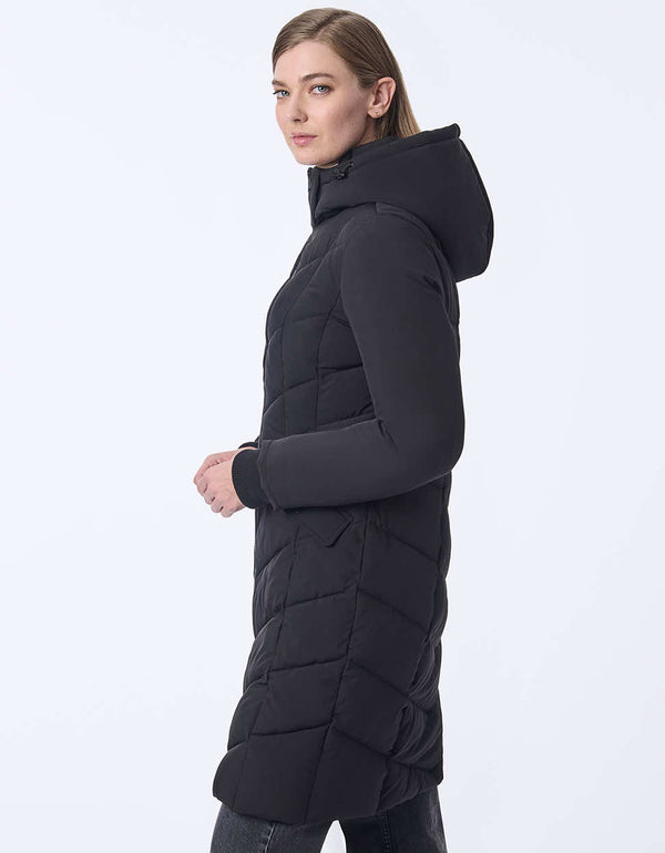 womens black puffer jacket with stylish cuffs and lightweight material combining fashion and practicality