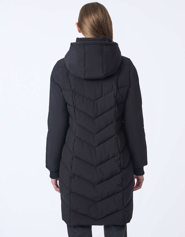 classic black puffer coat with a drawstring hood and streamlined fit perfect for versatile layering