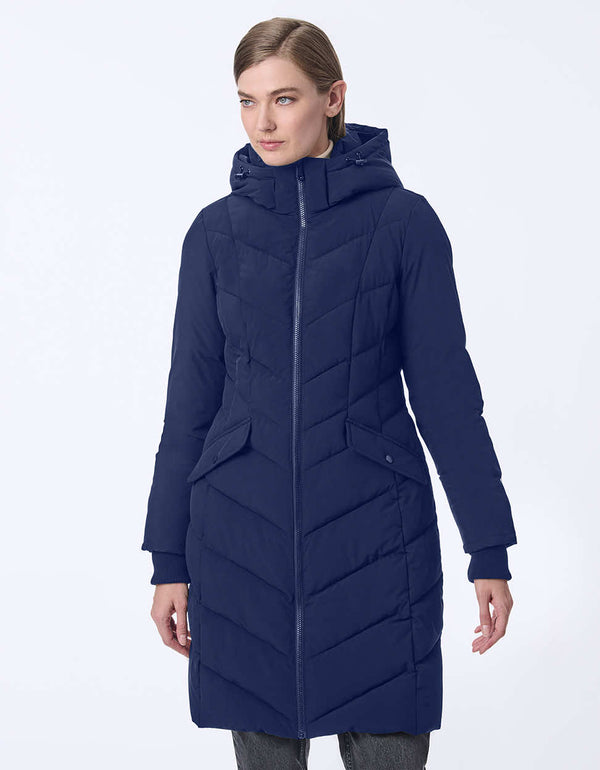 women's mid-length hooded puffer coat with diagonal stitching and pockets. A chic style to stay warm with recycled insulation.