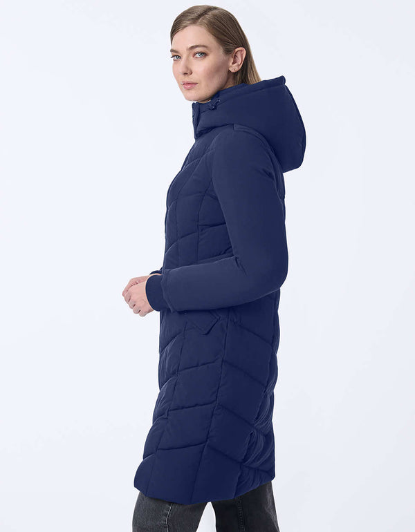 navy blue winter coat with functional design including removable hood and cozy fit for cold days