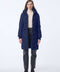 navy blue puffer jacket with a knee length cut and soft texture ideal for warmth and polished casual looks