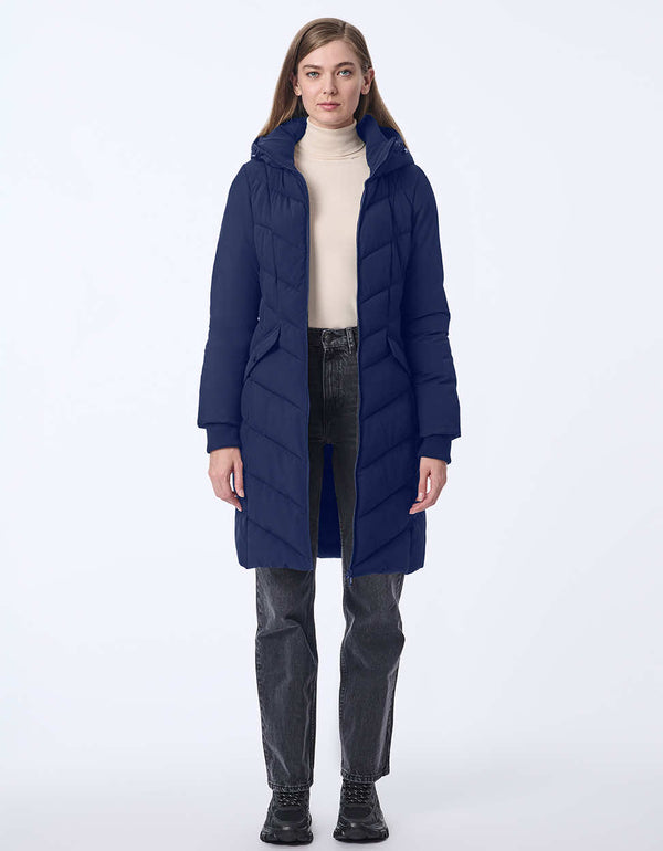 navy blue puffer jacket with a knee length cut and soft texture ideal for warmth and polished casual looks