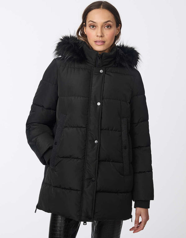 warm button up puffer coat for women featuring a plush faux fur hood and two suede trimmed pockets