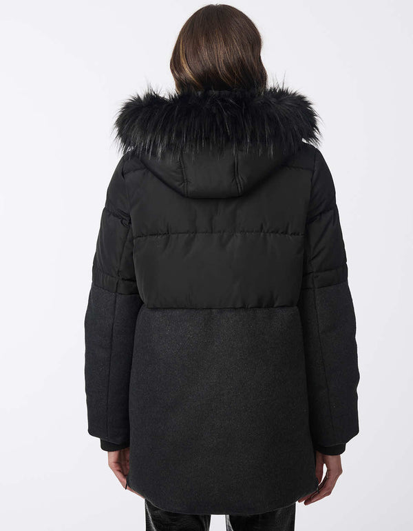 contrast material puffer coat for women with faux fur lined hood and insulation for added warmth