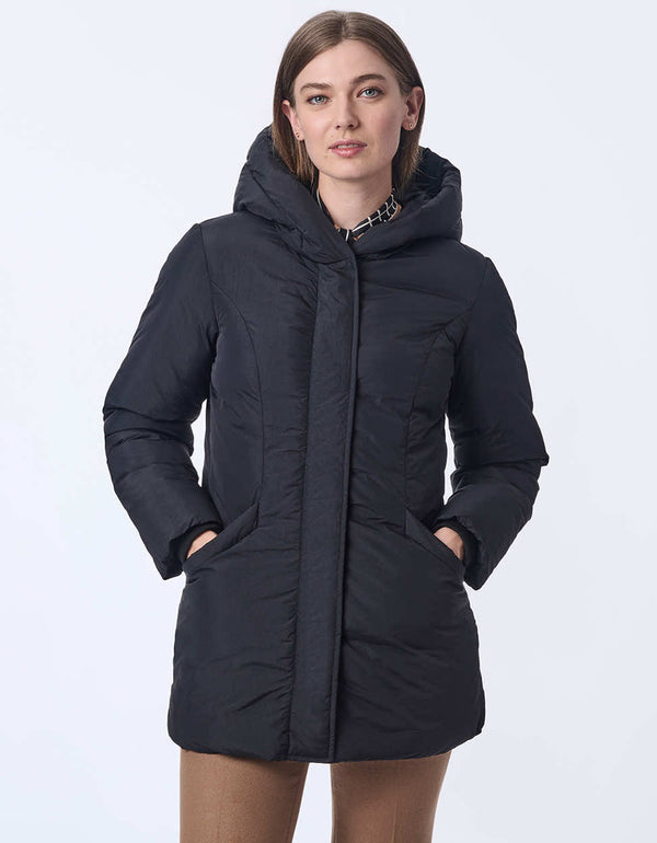 womens lightweight puffer coat with oversized hood. Made with recycled materials, this style keeps you cozy and fashionable.