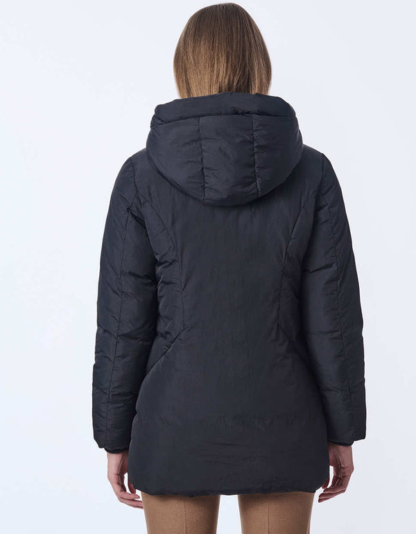 womens lightweight puffer coat with oversized hood. Made with recycled materials, this style keeps you cozy and fashionable.