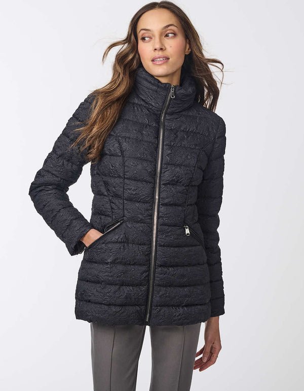 Women's jacquard print puffer jacket. Adding elegance and warmth to your look.