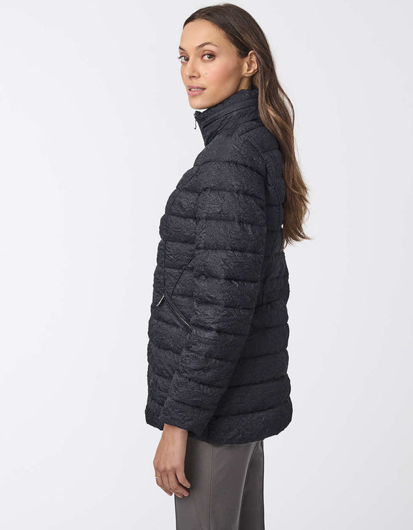 womens semi fitted puffer jacket in black featuring a luxurious jacquard style with a tailored yet cozy silhouette