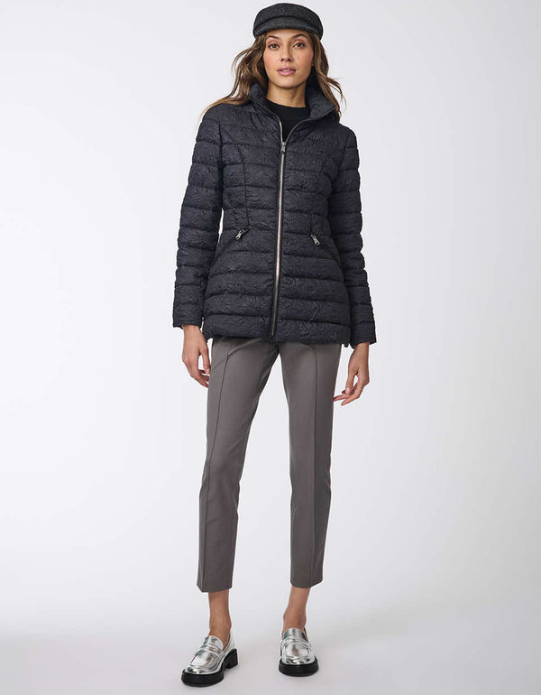 Women's jacquard print puffer jacket. Adding elegance and warmth to your look.