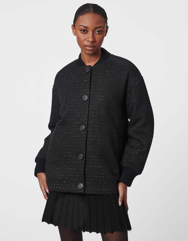 tweed knit bomber in black with a ribbed collar and cuffs with oversized buttons for women