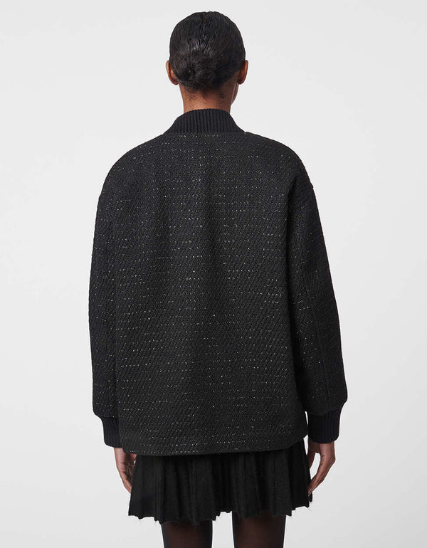 black and silver oversized bomber with recycled polyester filling and sweater knit details